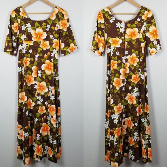 Ui-Maikai Hawaiian VTG 70s Empire  Hibiscus Print Maxi Brown Dress Size Small - Picture 7 of 13